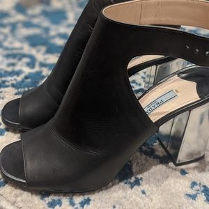 PRADA: open-toe black heels with silver block heel